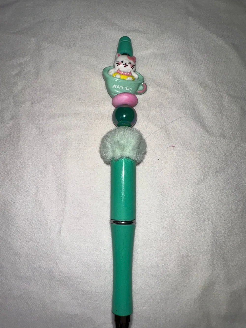Cute Mint Cat in a cup with “great day” for a positive vibe custom pen